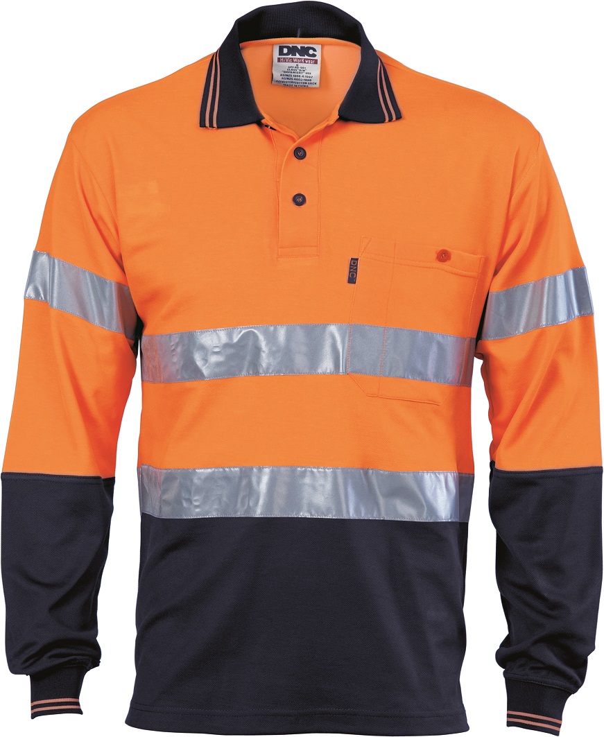Dnc Workwear Hi-vis Two Tone Cotton Back Long Sleeve Polo With Generic Reflective Tape - 3718 main image 1
